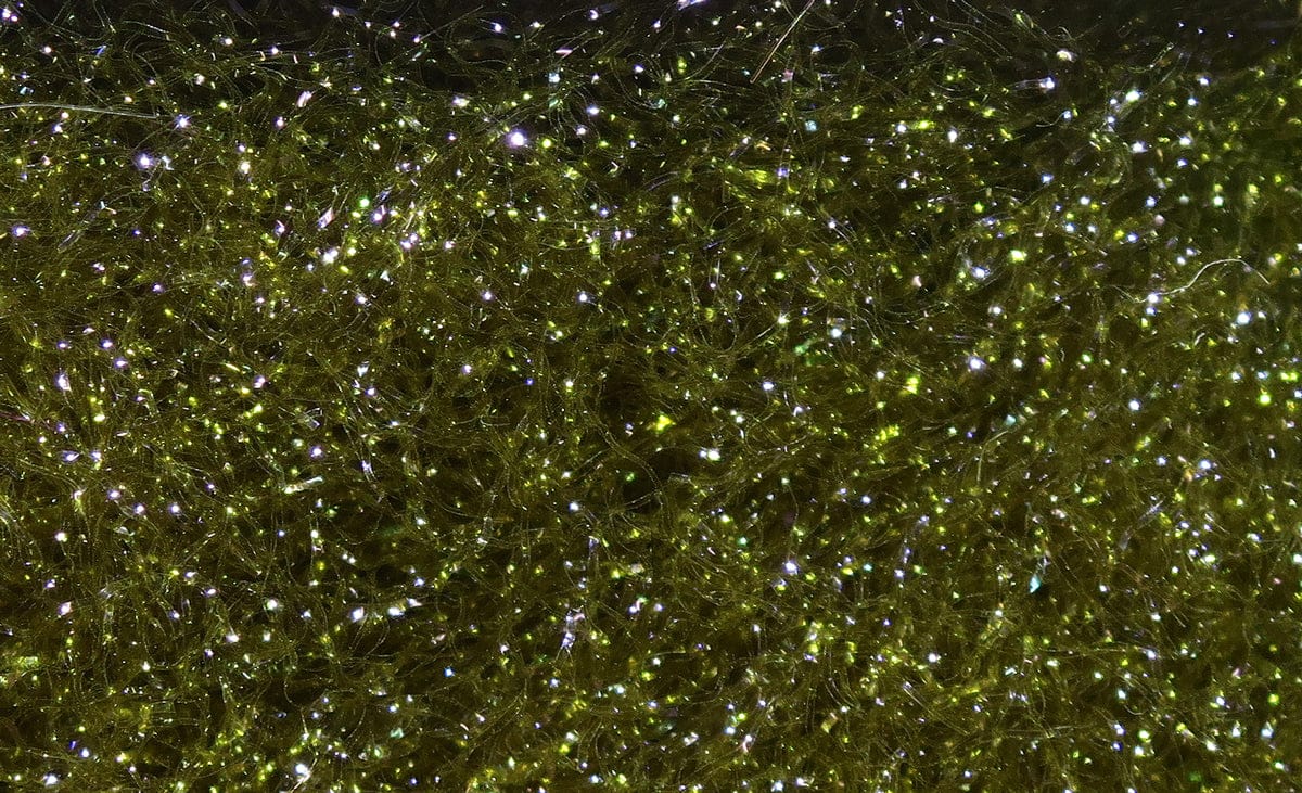 Olive green Hareline Ice Dubbing: fine iridescent synthetic fibers with sparkling flash for fly tying