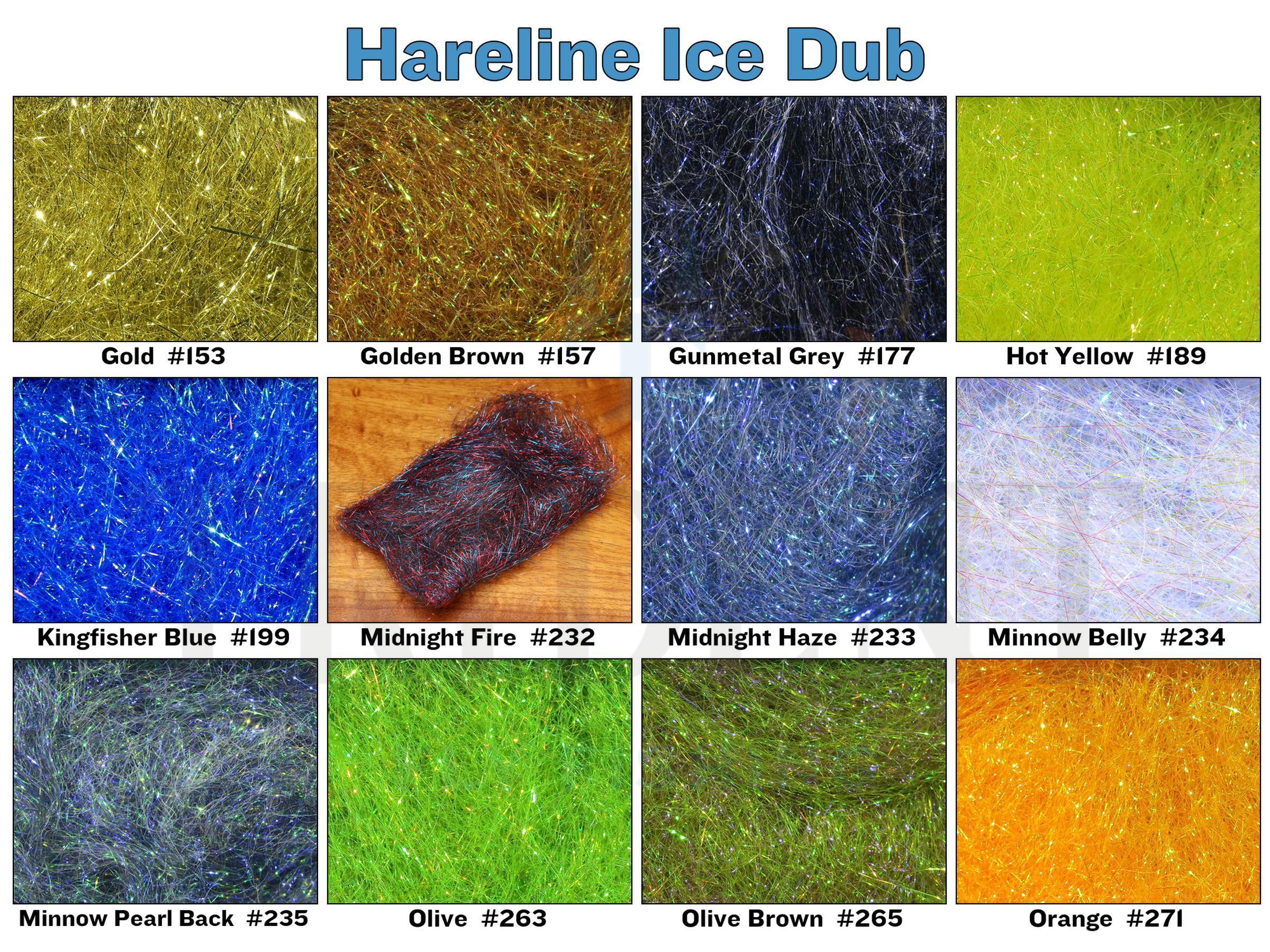 Hareline Ice Dubbing swatches: shimmering synthetic fly-tying dubbing fibers in gold, blue, green, orange and gunmetal