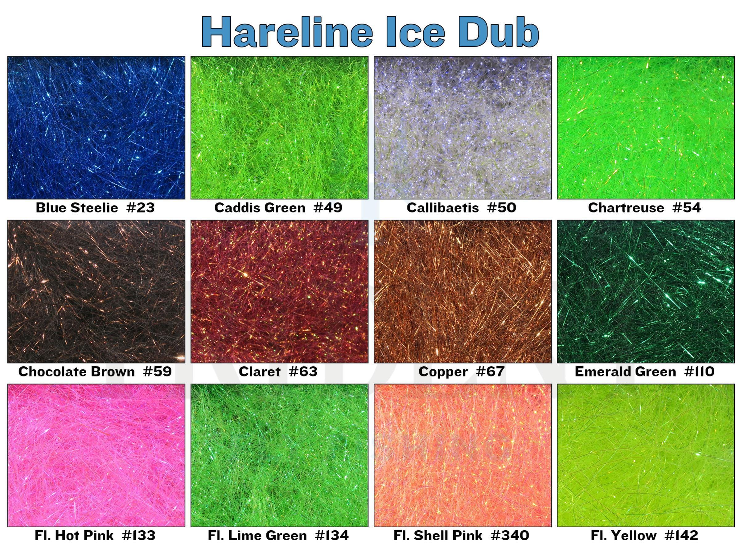 Hareline Ice Dubbing sparkling synthetic fly tying fibers in vivid blue, chartreuse, pink, copper and green