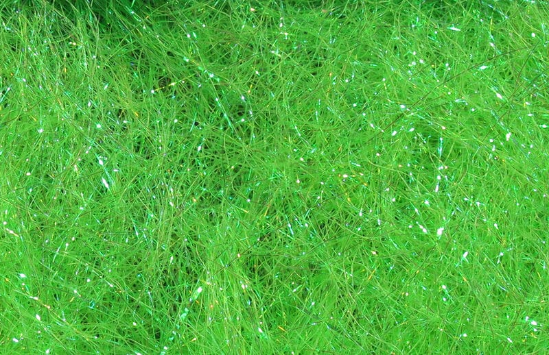 Hareline Ice Dubbing bright chartreuse green synthetic fibers with holographic tinsel flash, wispy fly tying dubbing