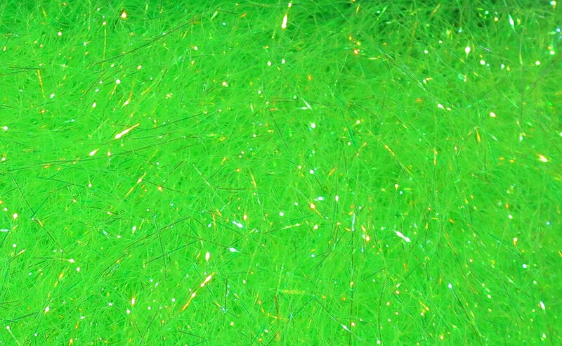 Hareline ice dubbing bright chartreuse synthetic fibers with iridescent tinsel for fly tying