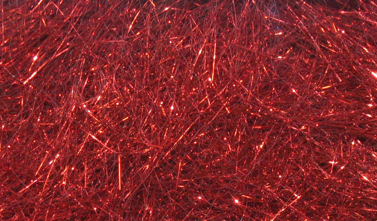 Red Hareline Ice Dubbing, fine sparkly synthetic fibers with metallic flash for fly tying