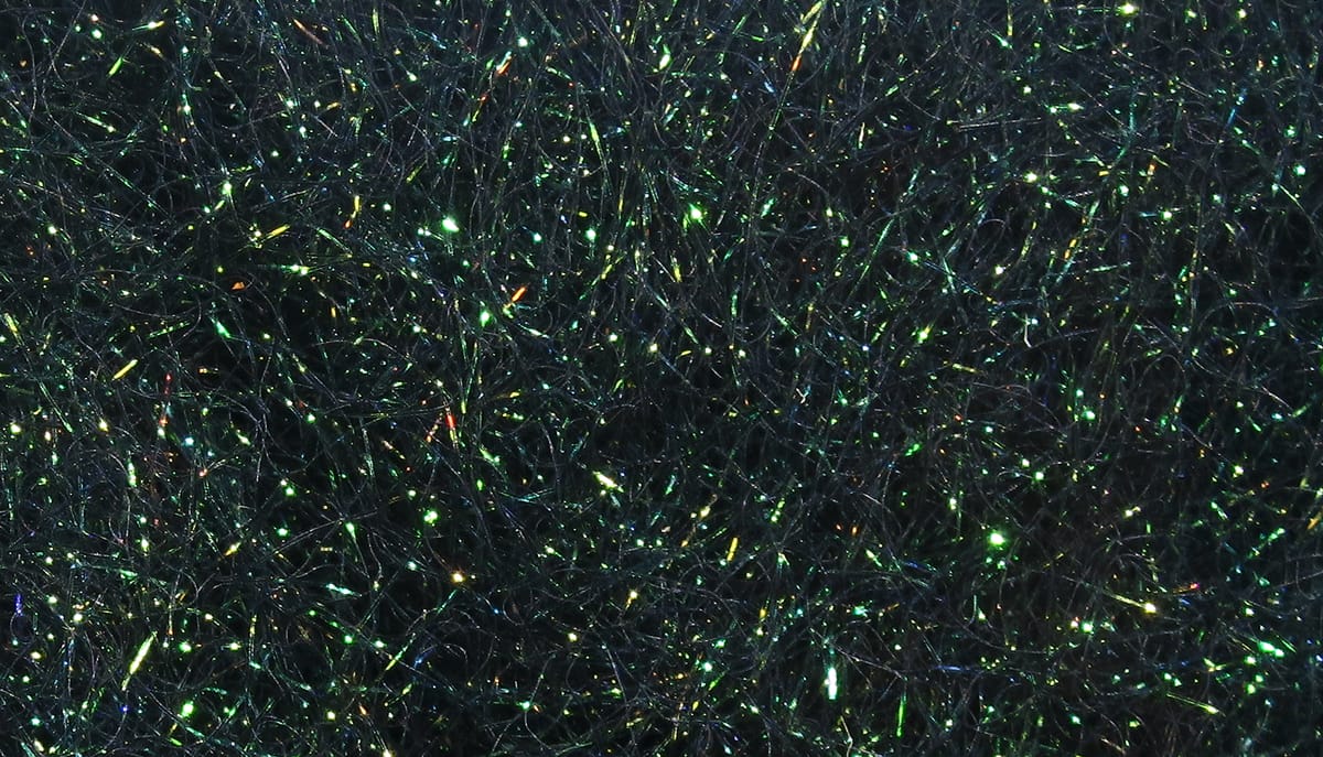 Hareline Ice dubbing dark green-black synthetic fibers with iridescent green and gold sparkle for fly tying