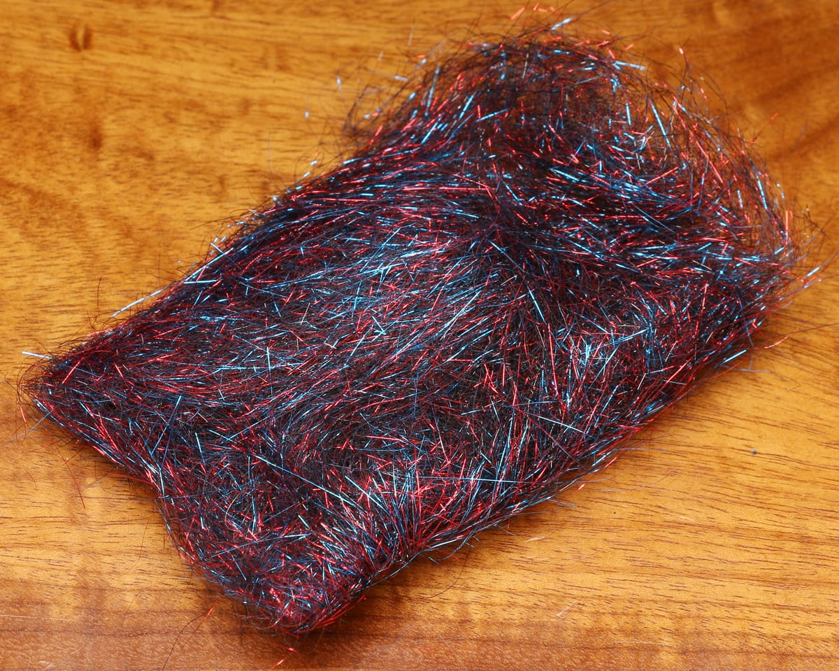 Black synthetic ice dubbing with red and blue metallic flash fibers for fly tying