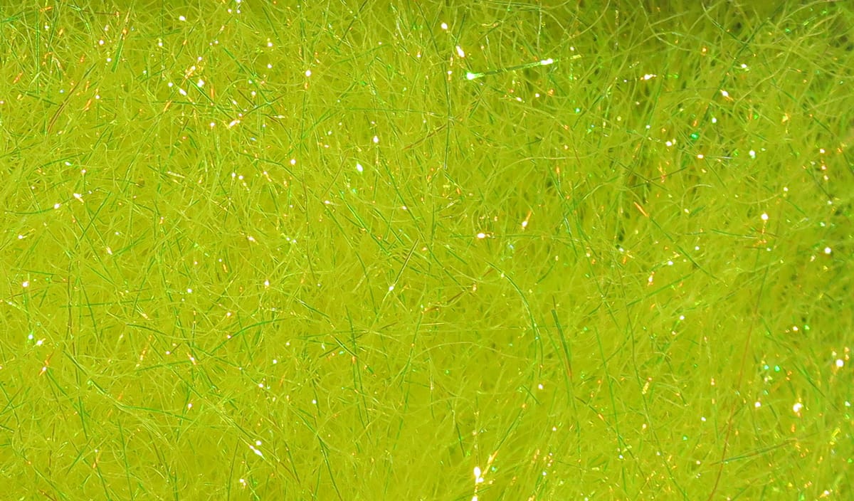Hareline Ice Dubbing chartreuse synthetic fibers with fine iridescent sparkle for fly tying