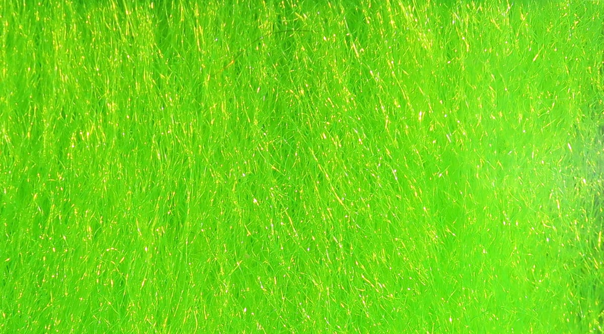 Hareline Ice Fur fluorescent chartreuse synthetic fur with long sheer fibers and subtle gold tinsel sparkle for fly tying
