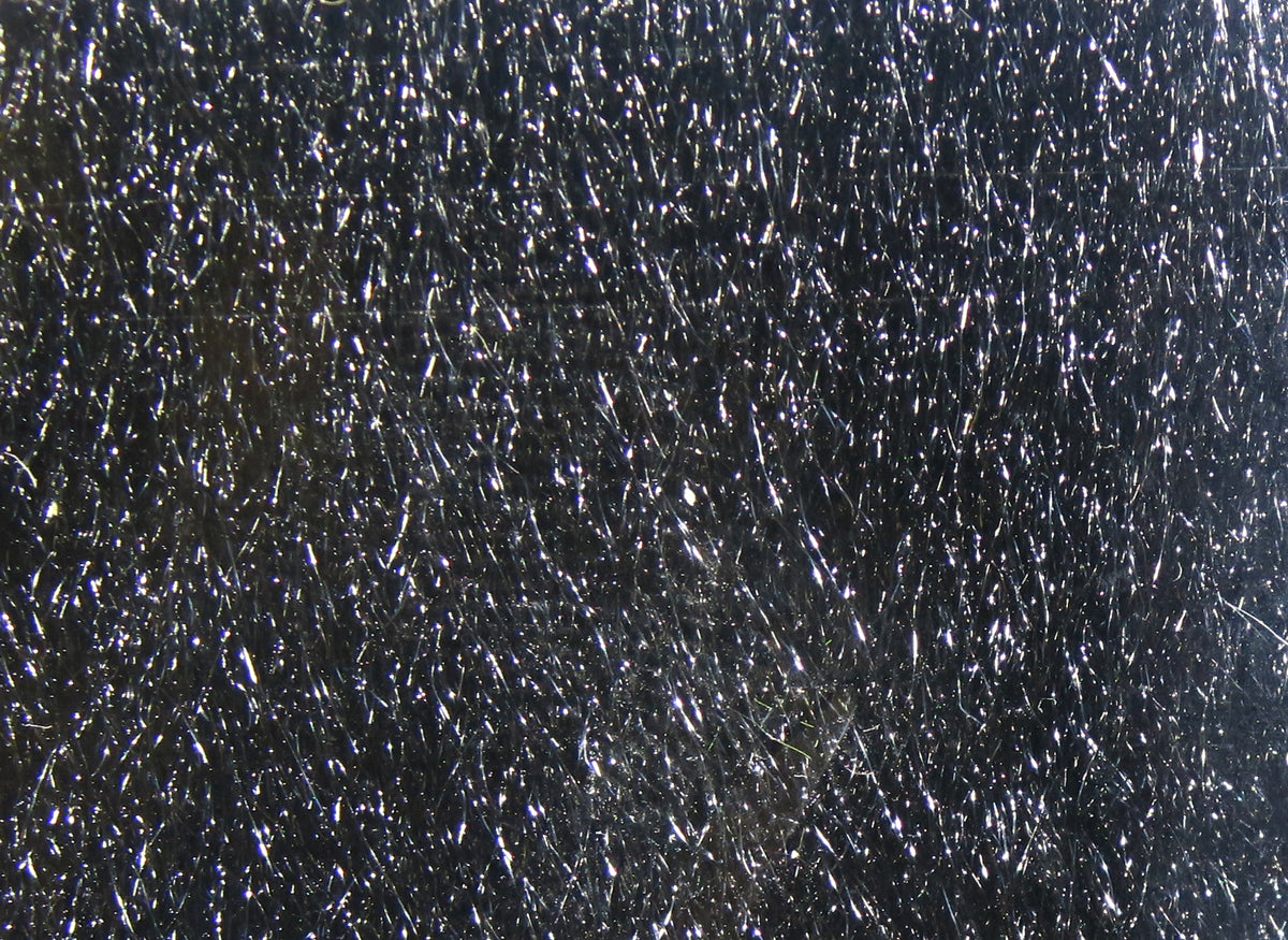 Hareline Ice Fur black synthetic fur with silver reflective strands, sparkly fly-tying material