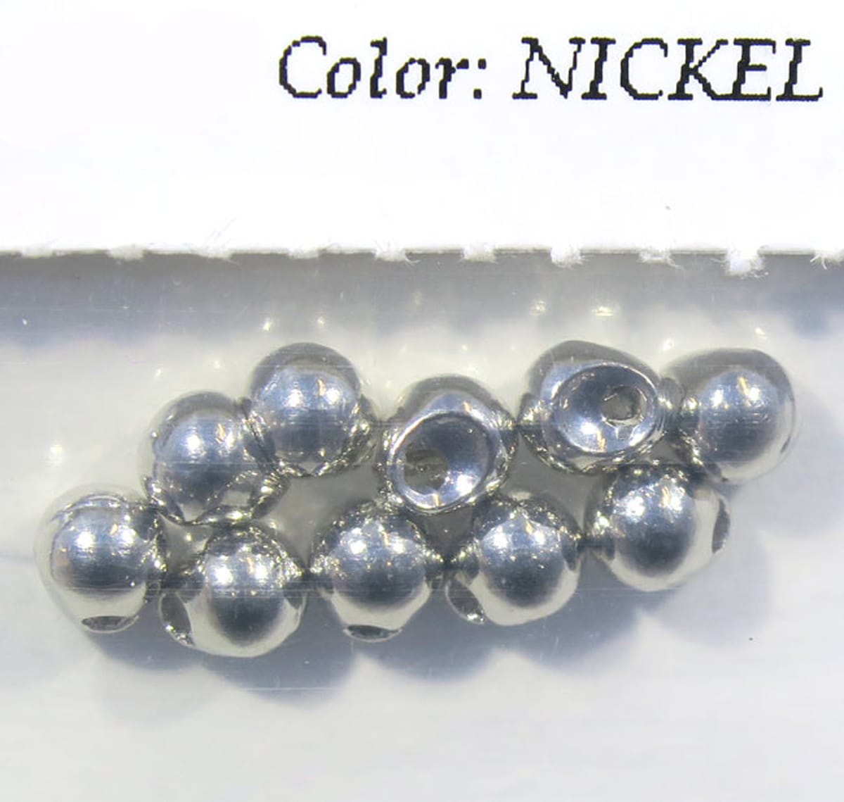Nickel-colored tungsten jig heads for fly tying, small hollow bead-style Insta Jig heads with shiny metal finish