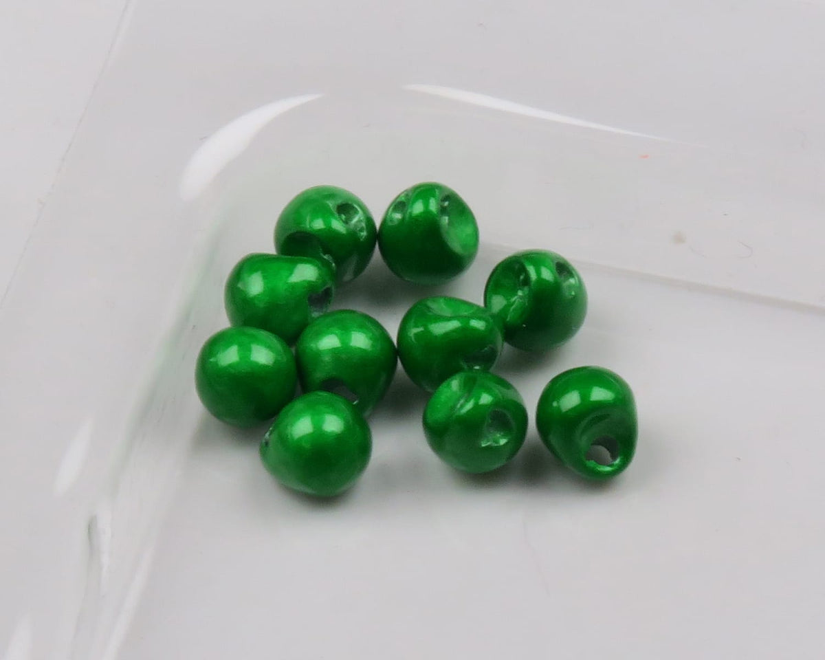 Pearl green tungsten jig heads for fly tying, shiny round teardrop shapes with center holes