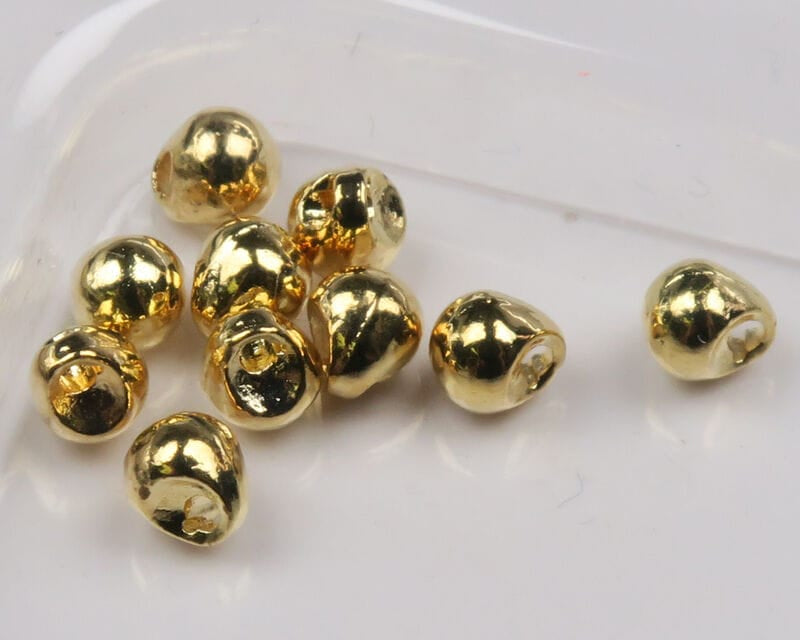 Shiny gold tungsten jig heads for fly tying, small conical bead heads with drilled hook holes and reflective metallic finish
