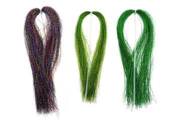 Three bundles of Hareline Krystal Flash shimmering synthetic tinsel strands in rainbow, lime and emerald green for fly tying