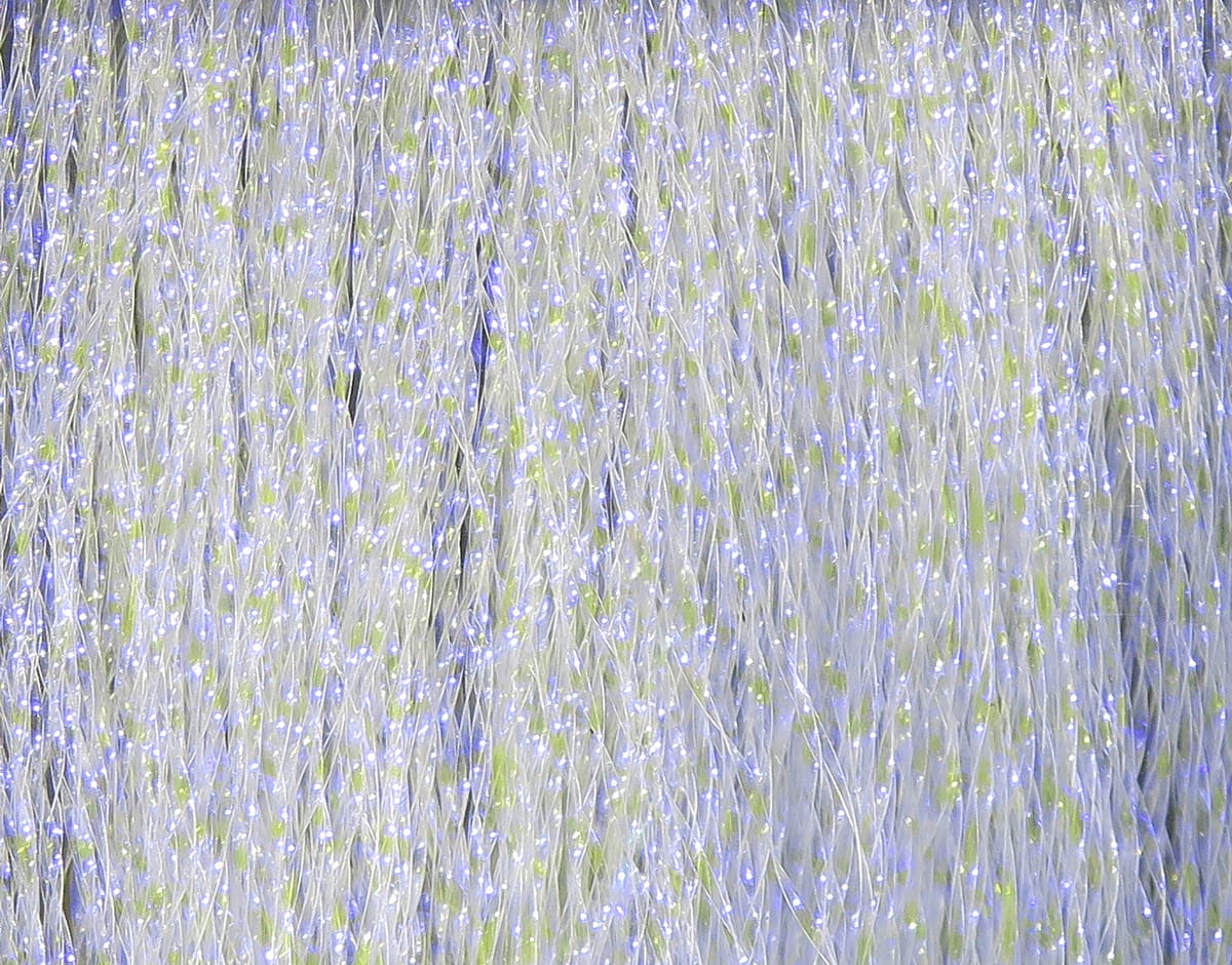 Hareline Krystal Flash translucent white iridescent synthetic fibers with blue shimmer and chartreuse flecks for fly tying