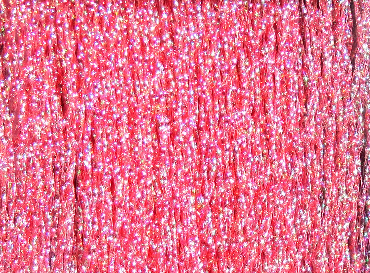 Hareline Krystal Flash bright pink iridescent tinsel strands with sparkling silver flecks for fly tying