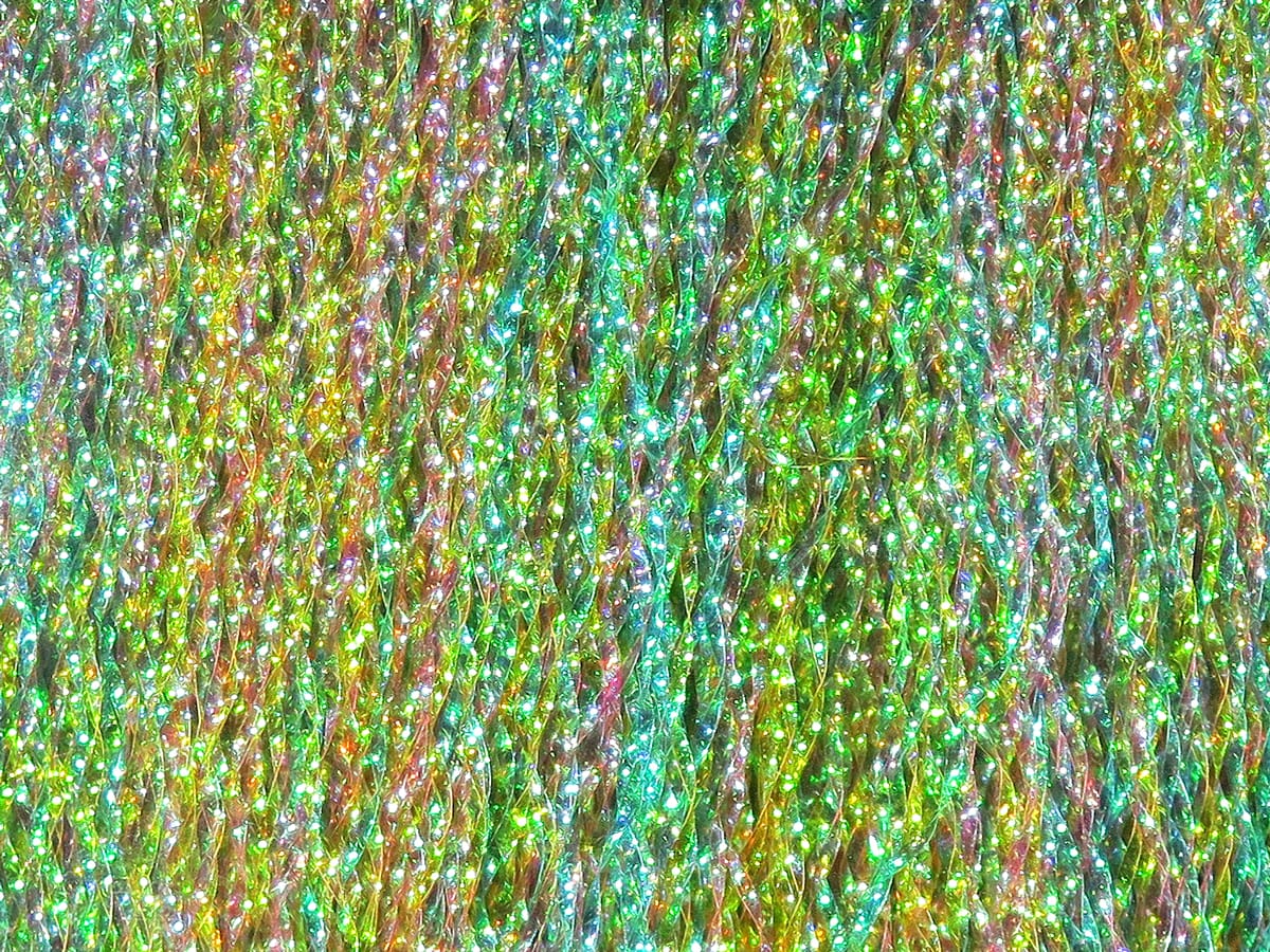 Hareline Krystal Flash iridescent green-gold holographic strands, sparkly synthetic material for fly tying