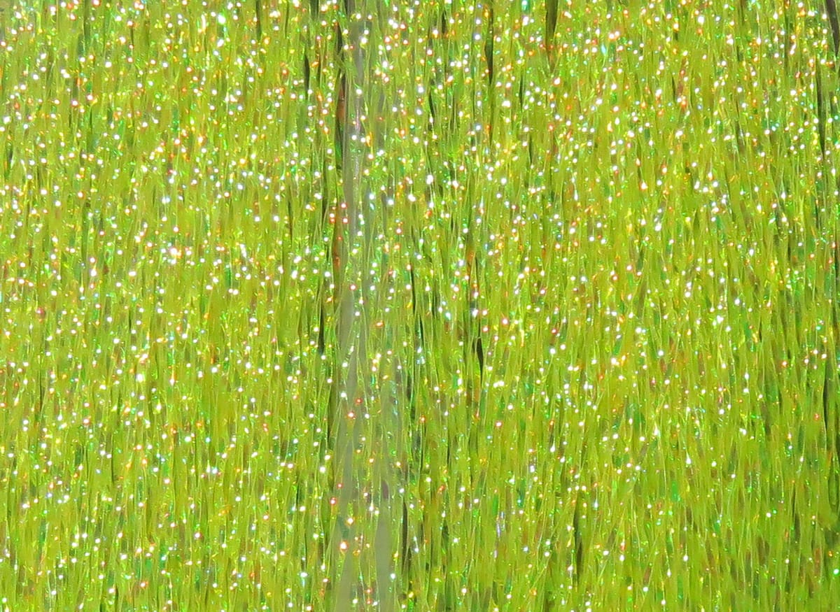 Chartreuse green Hareline Krystal Flash synthetic iridescent strands with holographic sparkle for fly tying