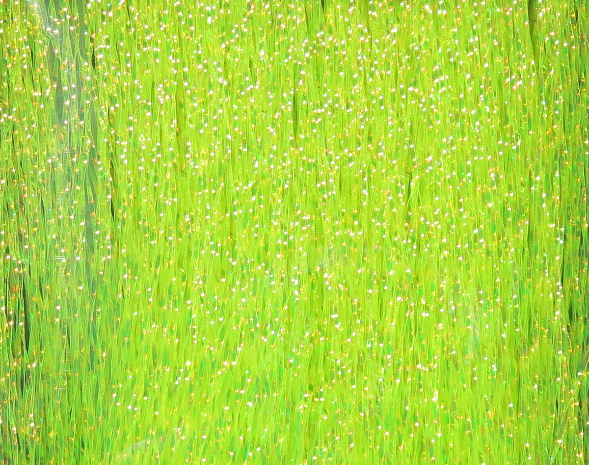 Chartreuse Hareline Krystal Flash strands with fine holographic sparkle fibers for fly tying