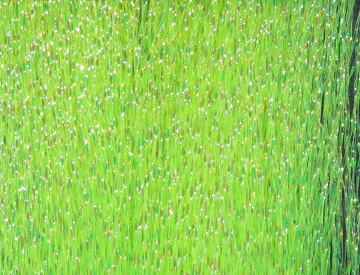 Chartreuse Hareline Krystal Flash strands with iridescent glittery synthetic fibers for fly tying