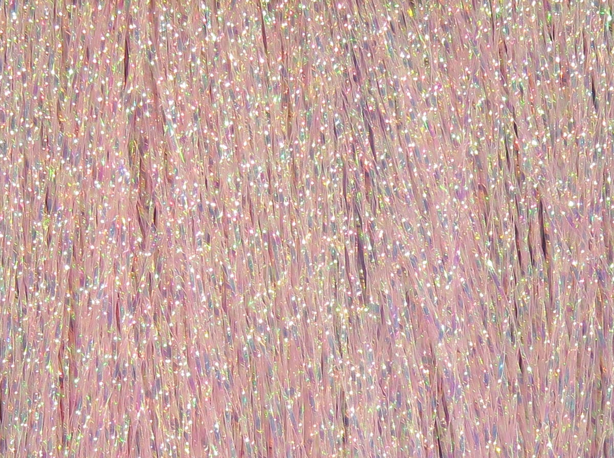 Iridescent pale pink Krystal Flash synthetic fibers with holographic sparkle, shimmering fly tying material