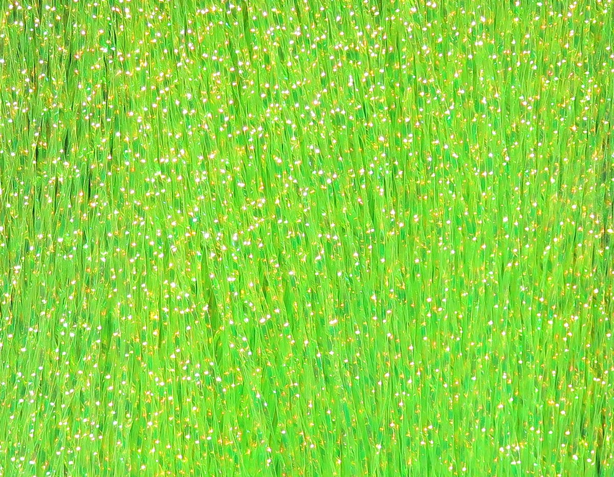 Bright chartreuse Hareline Krystal Flash synthetic strands with gold iridescent specks, sparkly fly tying material