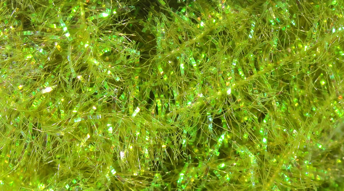 Lime green Krystal Flash chenille with iridescent flash fibers and fuzzy texture
