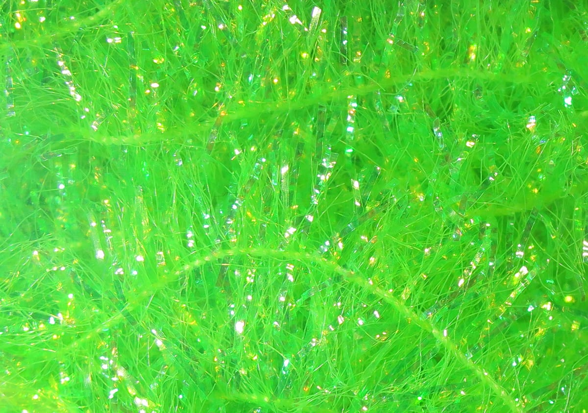 Fluorescent chartreuse Krystal Flash chenille with fuzzy core and iridescent sparkly fibers