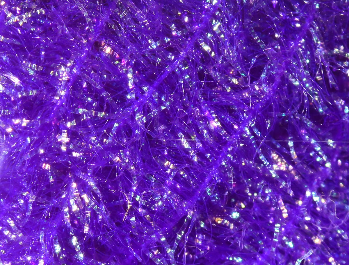 Purple Hareline Krystal Flash chenille with iridescent holographic tinsel fibers, fluffy reflective sparkle