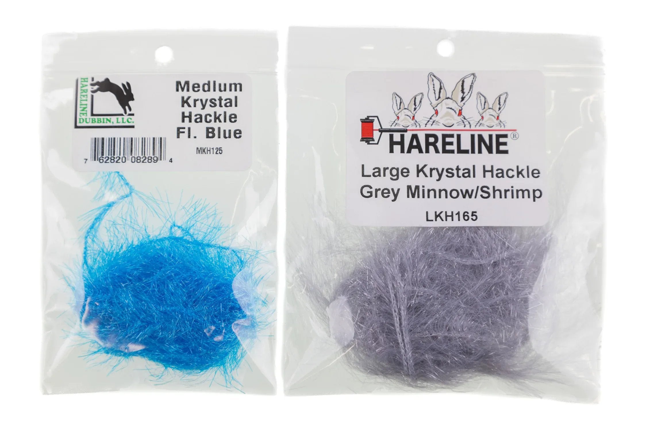 Two Hareline Krystal Hackle packages: bright fluorescent blue and grey synthetic fluffy hackle fibers for fly tying