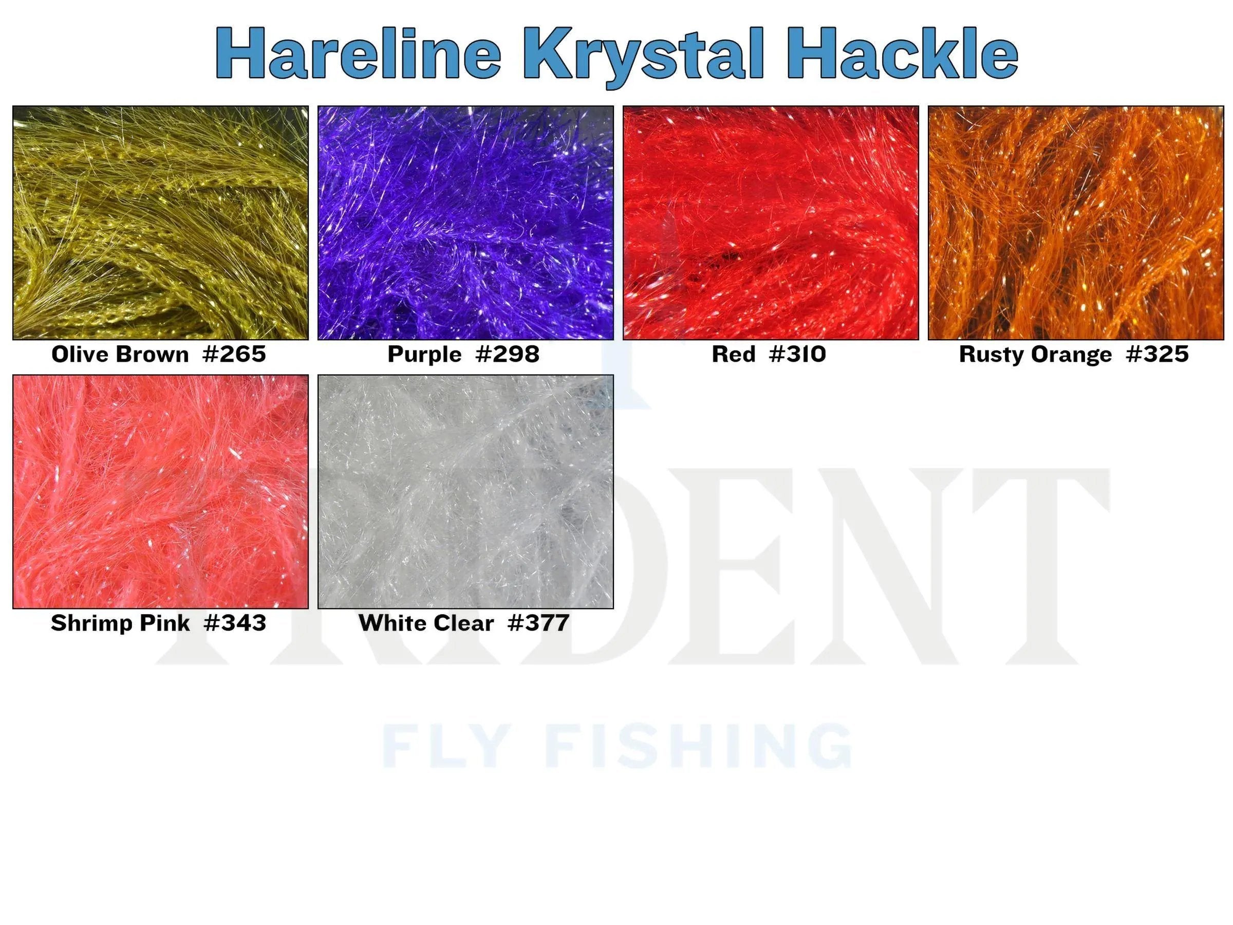 Krystal Hackle sparkly synthetic fly-tying fibers, swatches in olive, purple, red, rusty orange, shrimp pink and white