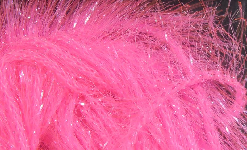Hot pink Krystal Hackle synthetic fibers with iridescent tinsel strands, fluffy flashy material for fly tying