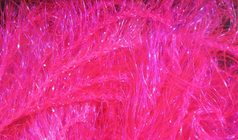 Hareline Krystal Hackle hot pink synthetic fibers with iridescent flash, glossy strands for fly tying