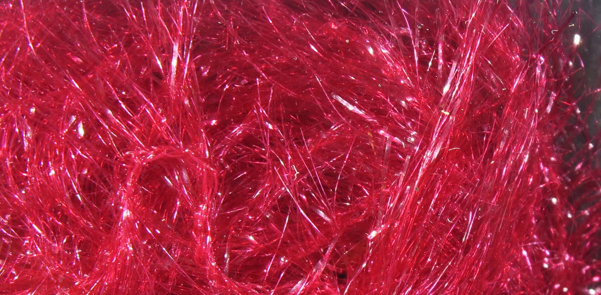 Hareline Krystal Hackle bright red synthetic tinsel fibers, glossy iridescent strands for fly tying lures