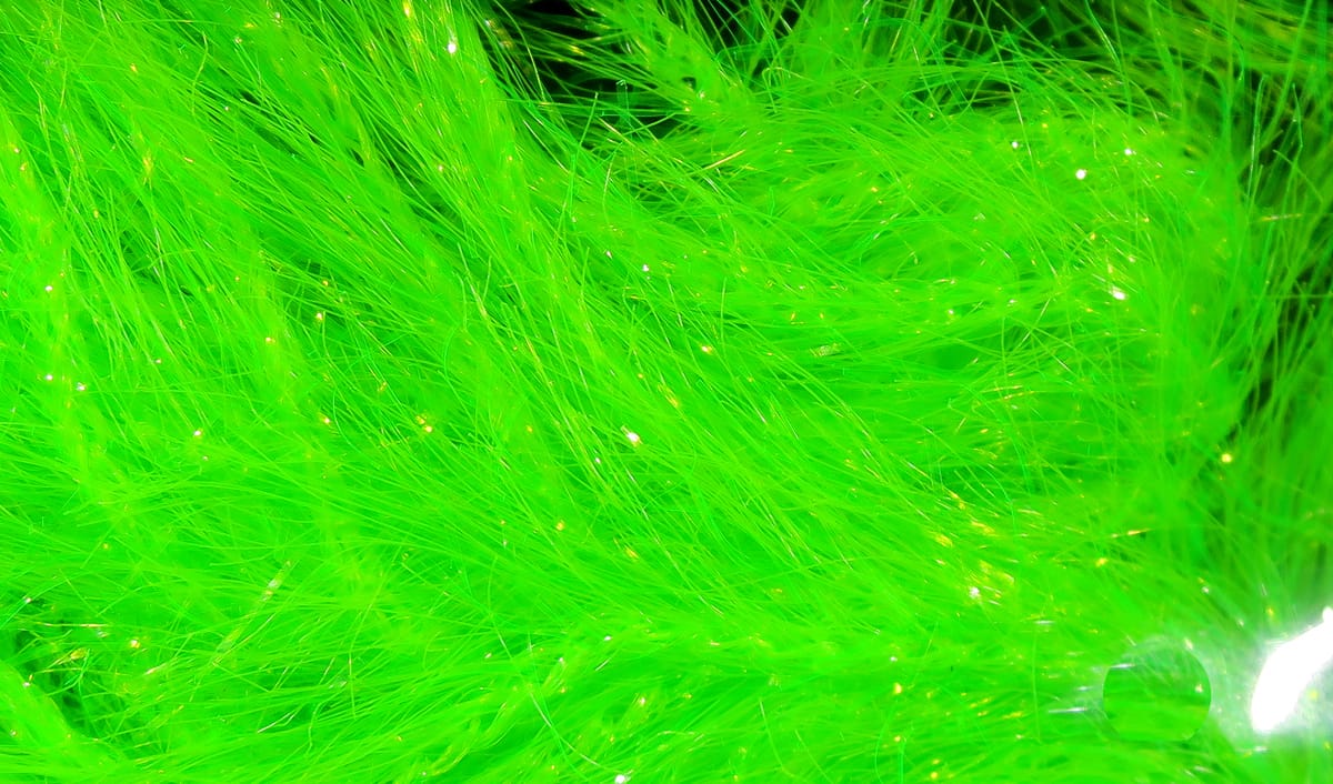 Chartreuse green Hareline Krystal Hackle synthetic fibers with glittery flash, fluffy fly tying hackle material
