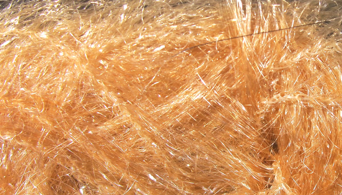 Krystal Hackle gold-tan iridescent synthetic fibers for fly tying, fluffy shiny strands with reflective flash