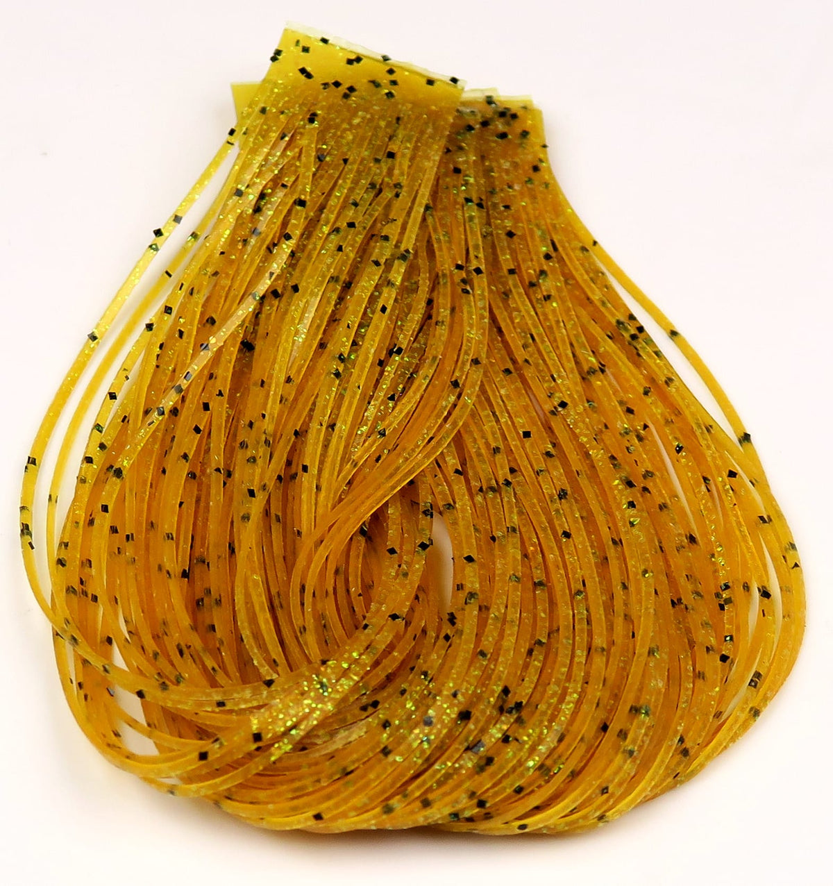 Golden yellow Hareline Loco Legs fly tying skirt with thin rubbery strands, green iridescent glitter and black flake accents