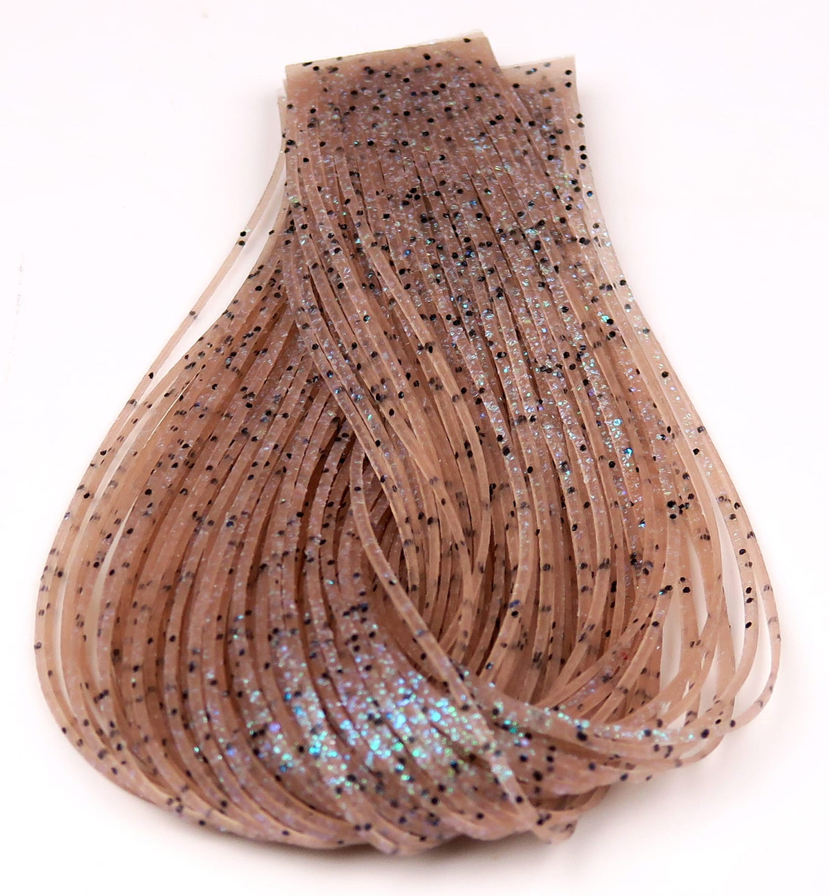Tan translucent silicone Loco Legs strands with black specks and blue-green iridescent glitter for fly tying