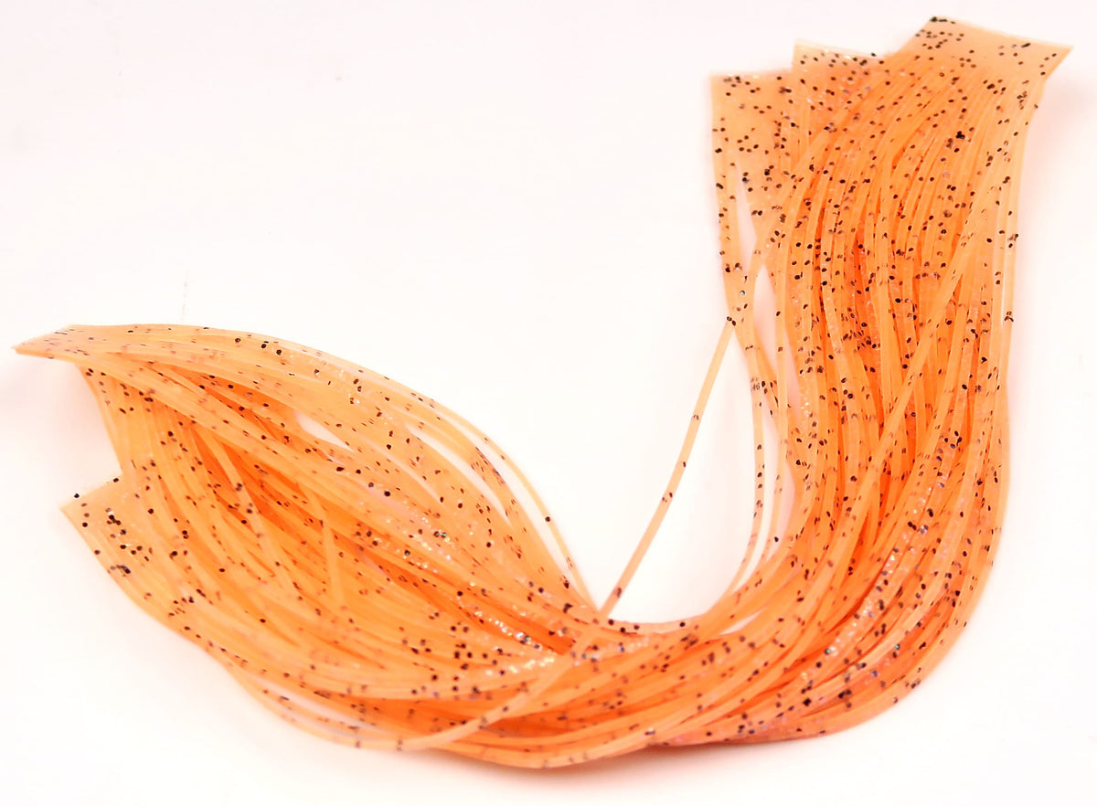 Hareline Loco Legs orange translucent rubber legs with black speckles, thin flexible strands for fly tying
