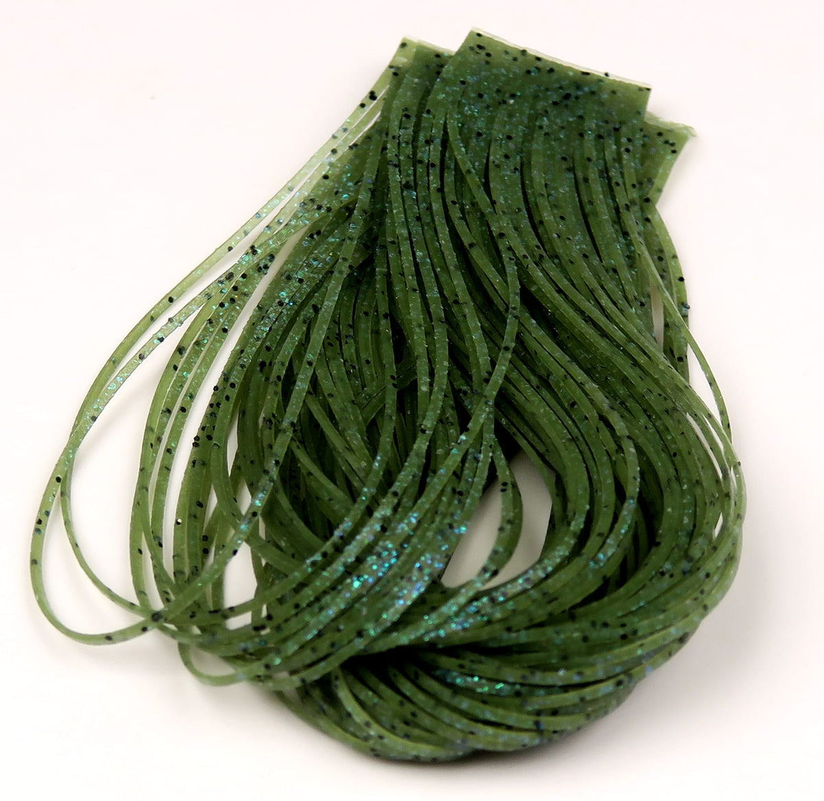 Hareline Loco Legs green silicone skirt strands with black speckles and aqua glitter for fly tying