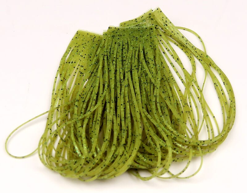 Olive green translucent rubber Loco Legs with thin black-glittered strands, fly tying skirt for lures and jigs