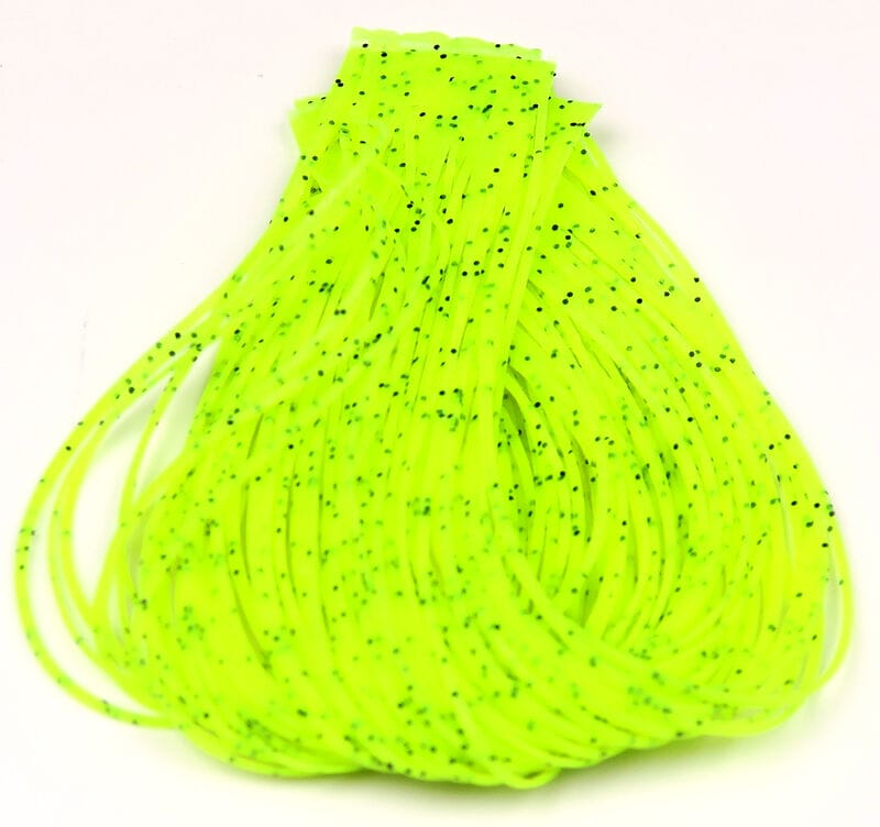 Neon chartreuse Hareline Loco Legs rubber strands with black speckles, bundled fly tying material