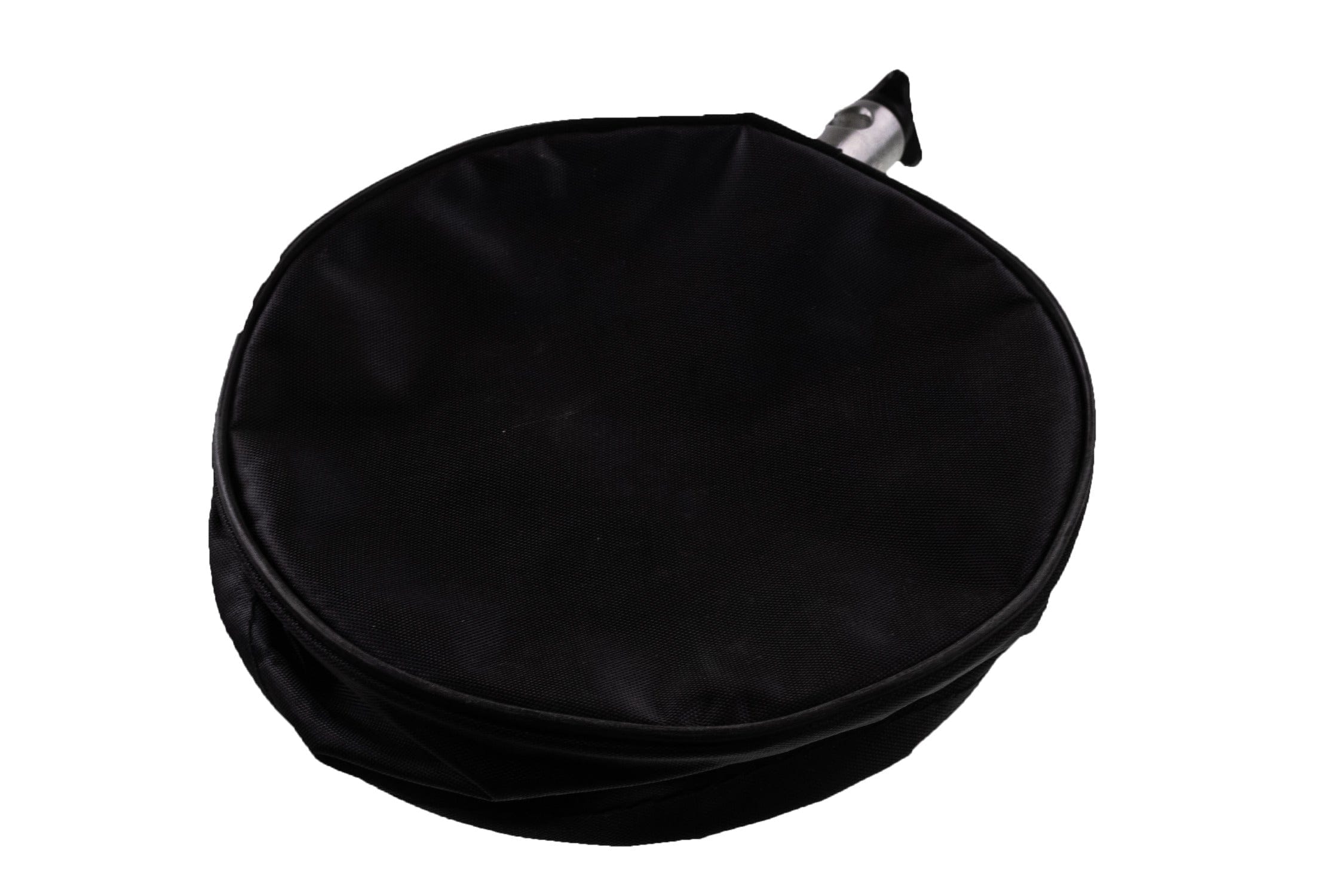 Black round low-profile nylon fly tying trash bin with padded rim and visible metal mounting stem