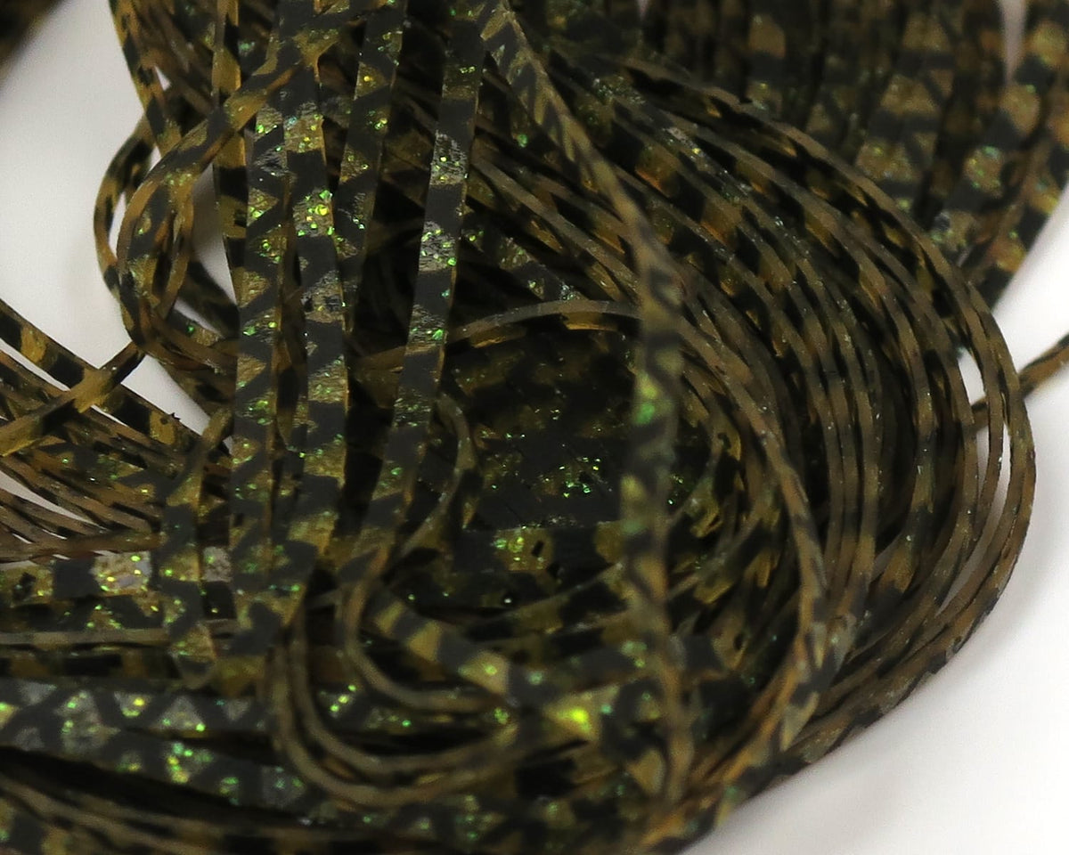 Olive and black barred rubber Magnum predator legs with green iridescent flakes, flexible fly tying strips