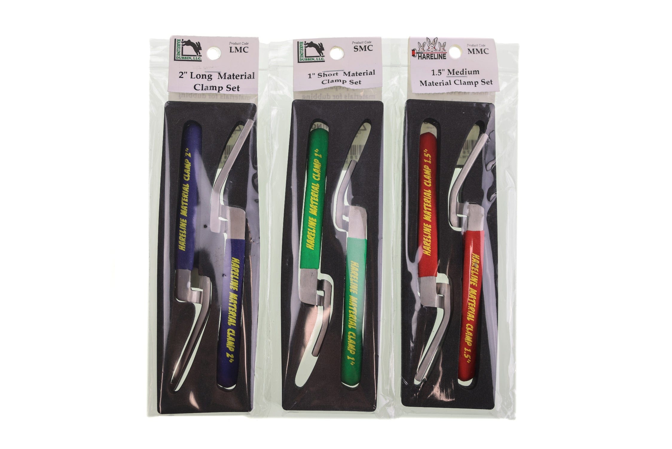 Three Hareline material clamp sets with blue, green and red cushioned handles and stainless steel clamps for fly tying