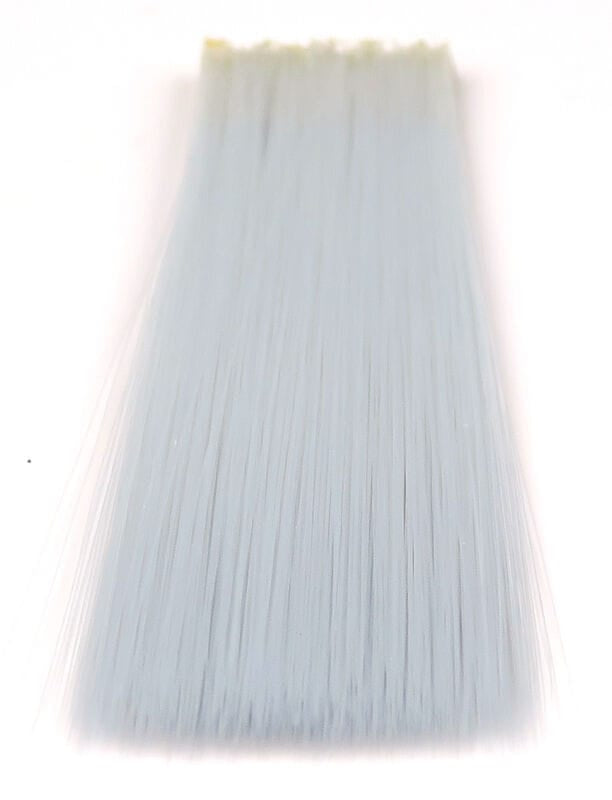 Hareline mayfly tails: pale gray synthetic fiber strip with long fine straight hairs bundled at the top for fly tying