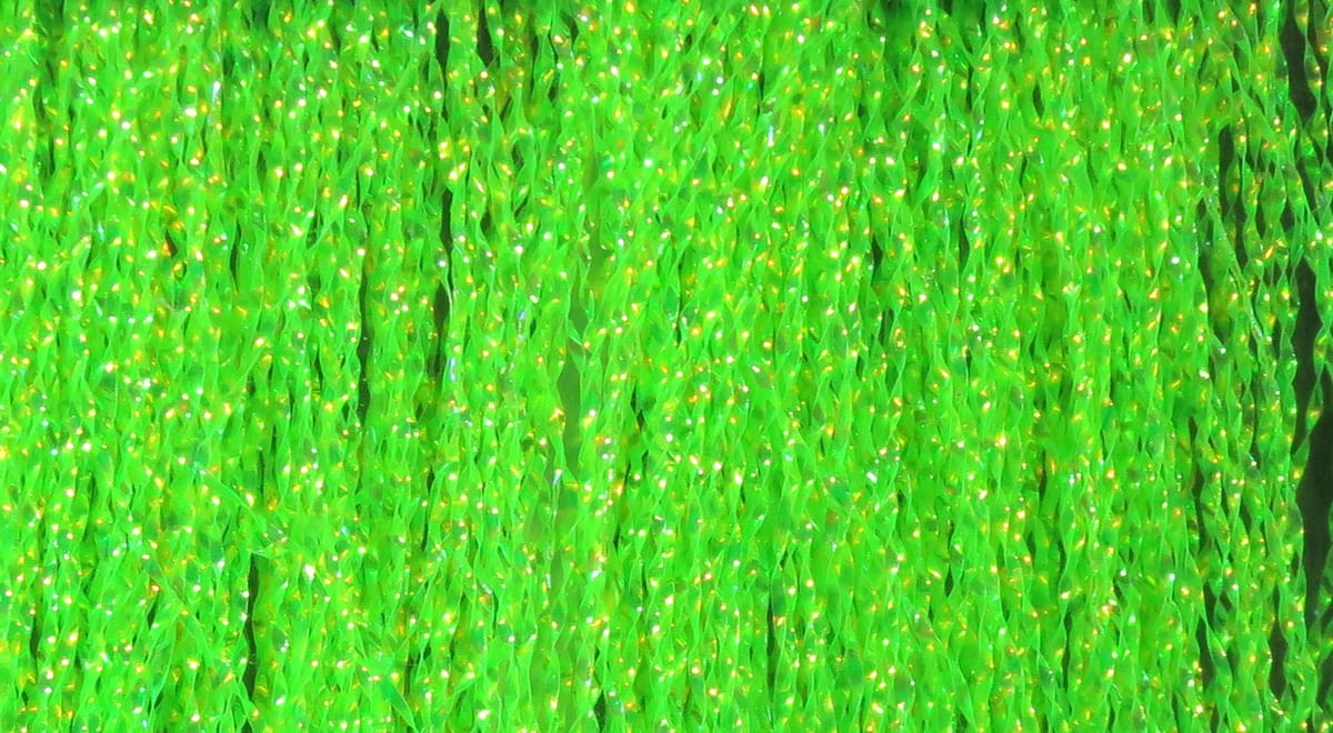 Chartreuse Hareline Midge Flash synthetic holographic strands with crinkled texture and iridescent sparkles for fly tying