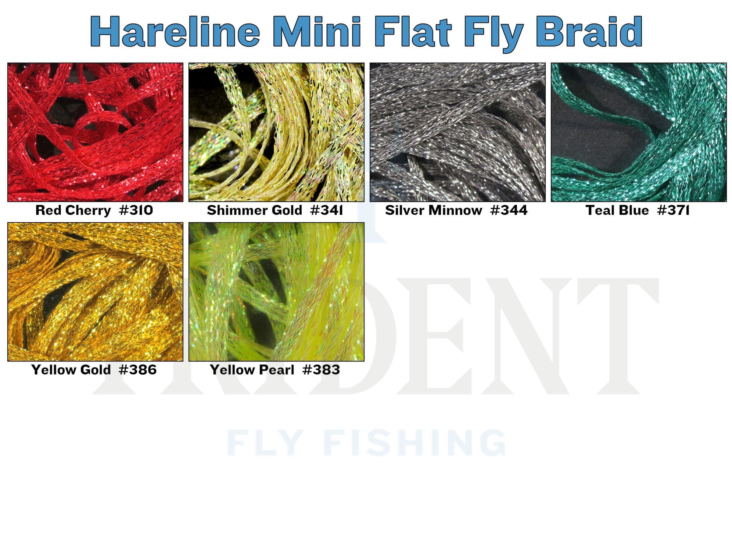 Hareline Mini Flat Fly Braid shiny flat synthetic braid strands close-up in red, shimmer gold, silver and teal for fly tying