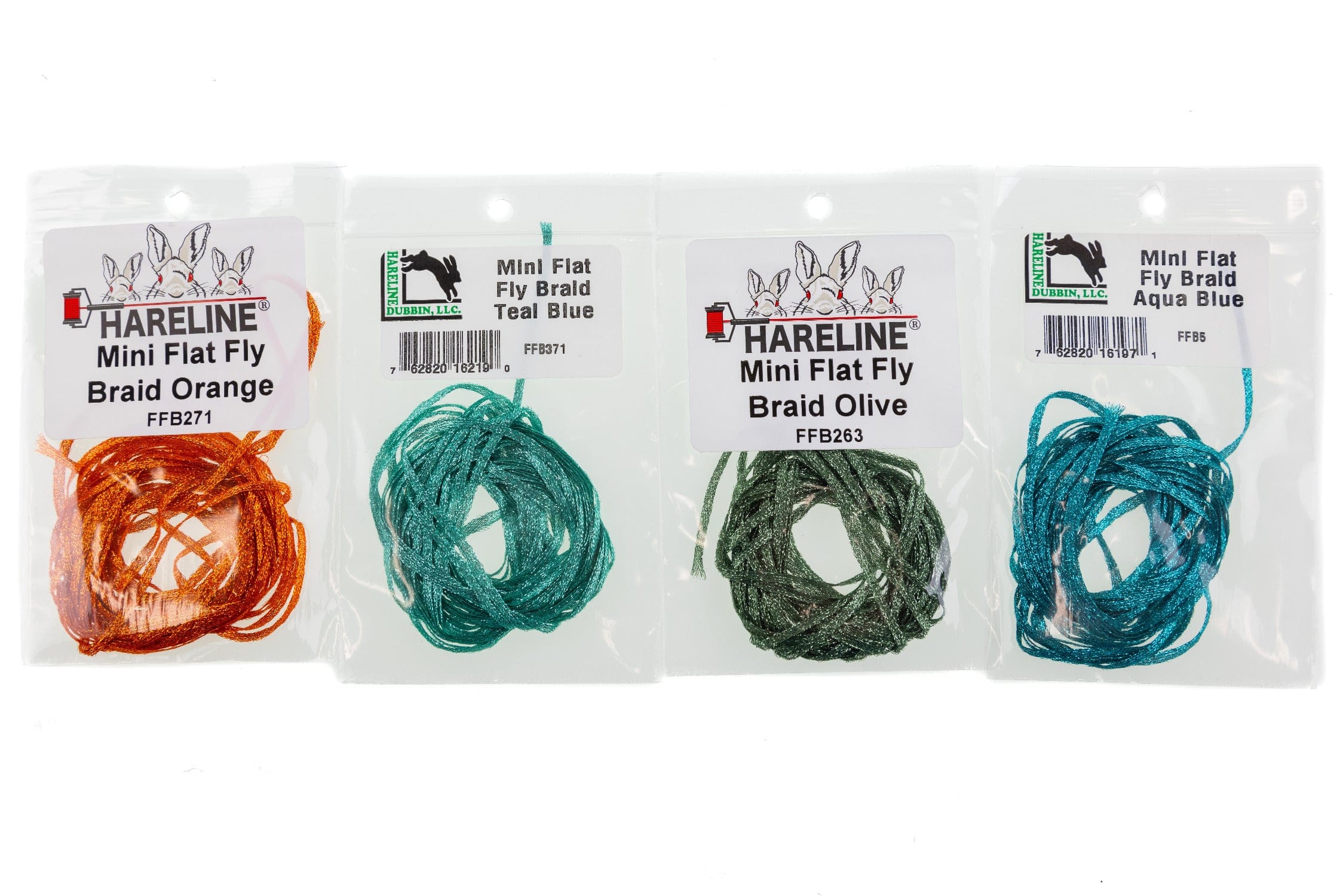 Hareline Mini Flat Fly Braid packs showing orange, teal, olive and aqua flat shiny synthetic braid for fly tying