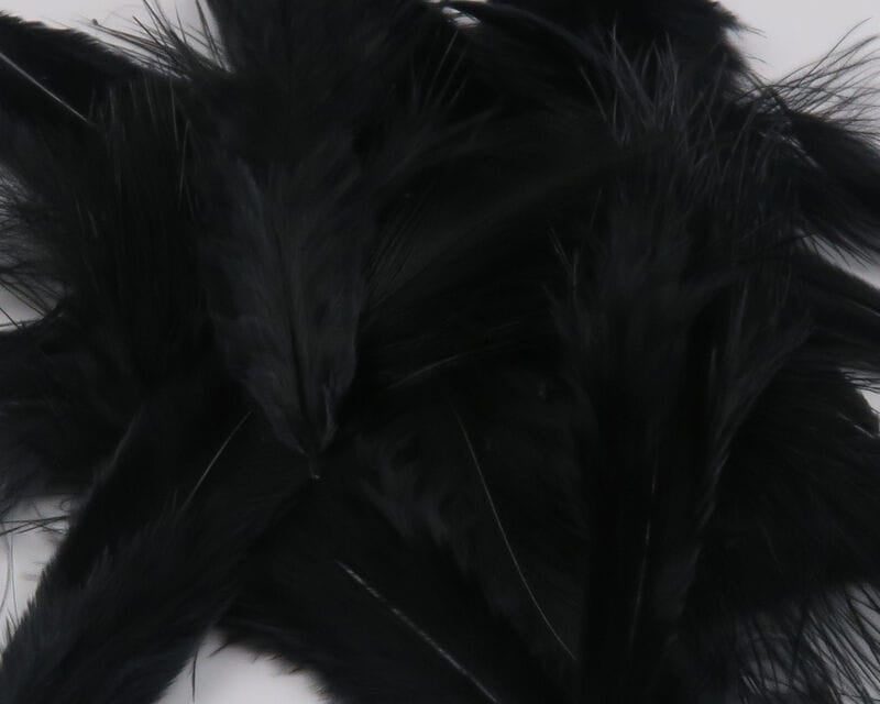 Black Hareline mini marabou feathers, soft fluffy plumes for fly tying, close-up showing fine filaments and glossy sheen