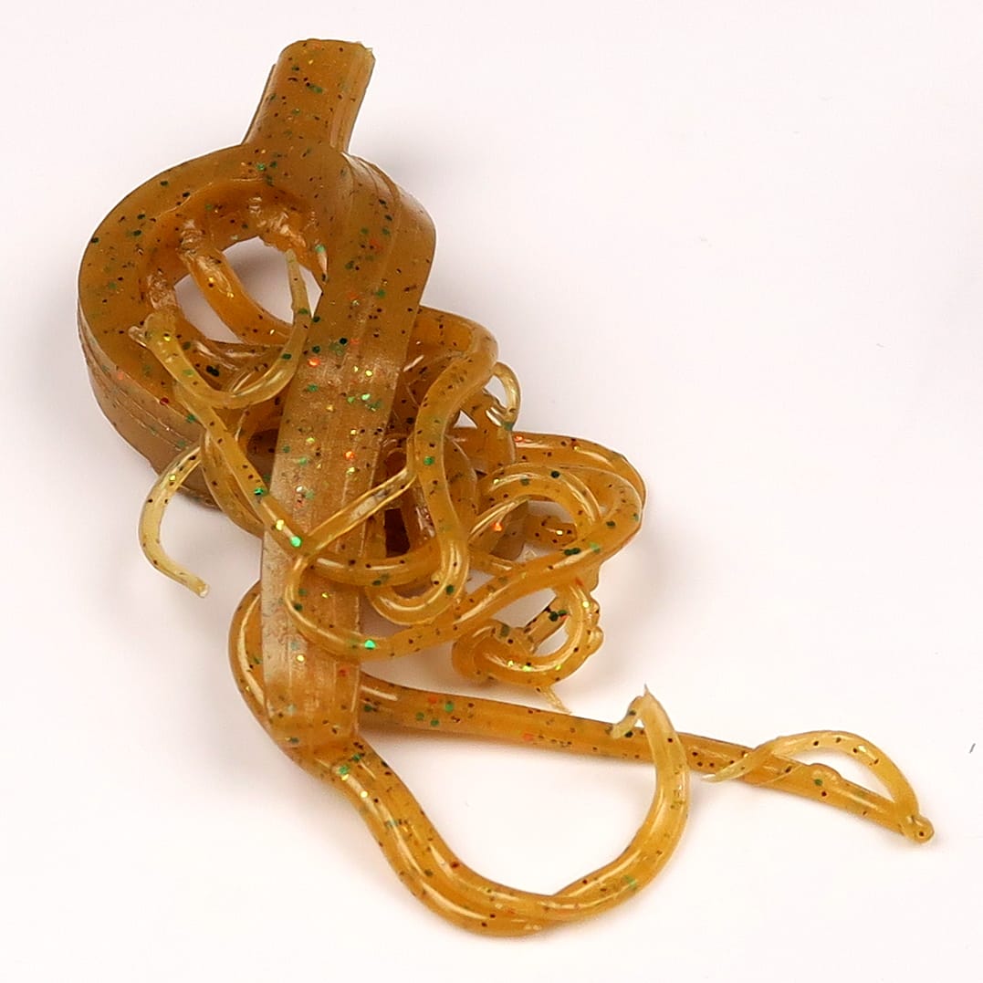 Hareline mini squiggle worms translucent amber soft rubber strands with green and orange glitter for fly tying