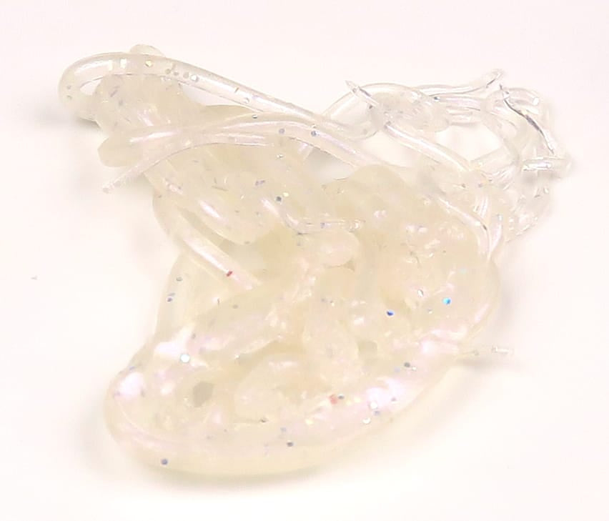 Hareline Mini Squiggle Worms translucent pearl soft plastic strands with iridescent glitter, flexible fly tying bait