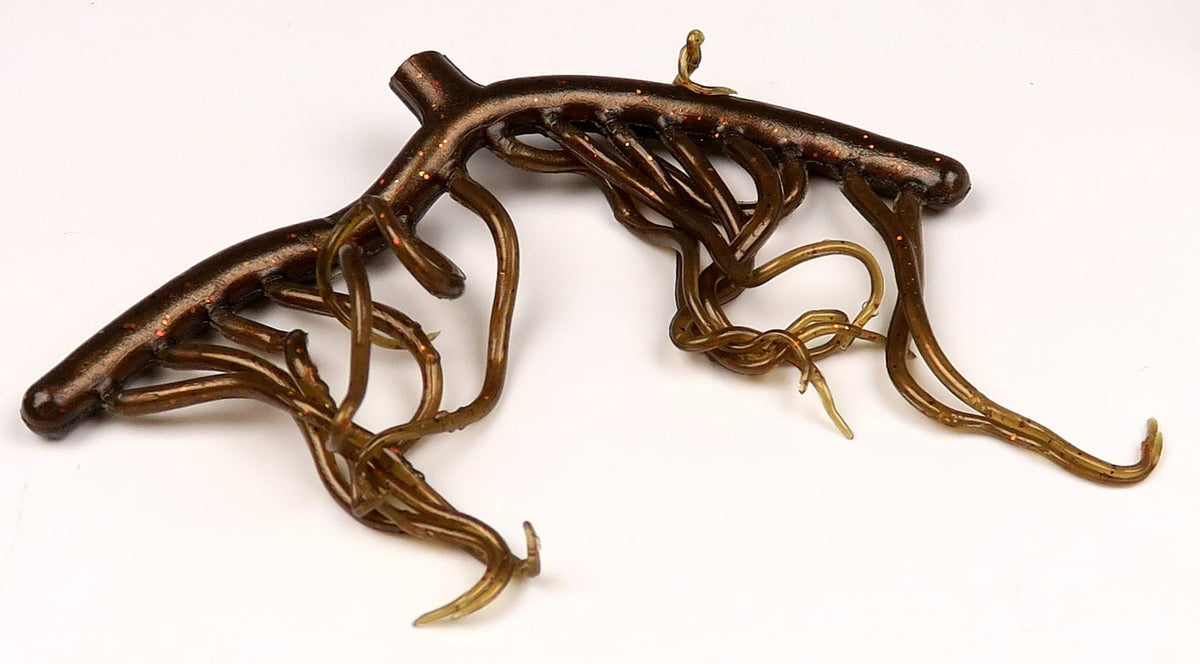 Hareline Mini Squiggle Worms brown olive soft-plastic fly tying lure with glitter flakes and multiple thin squiggly tentacles